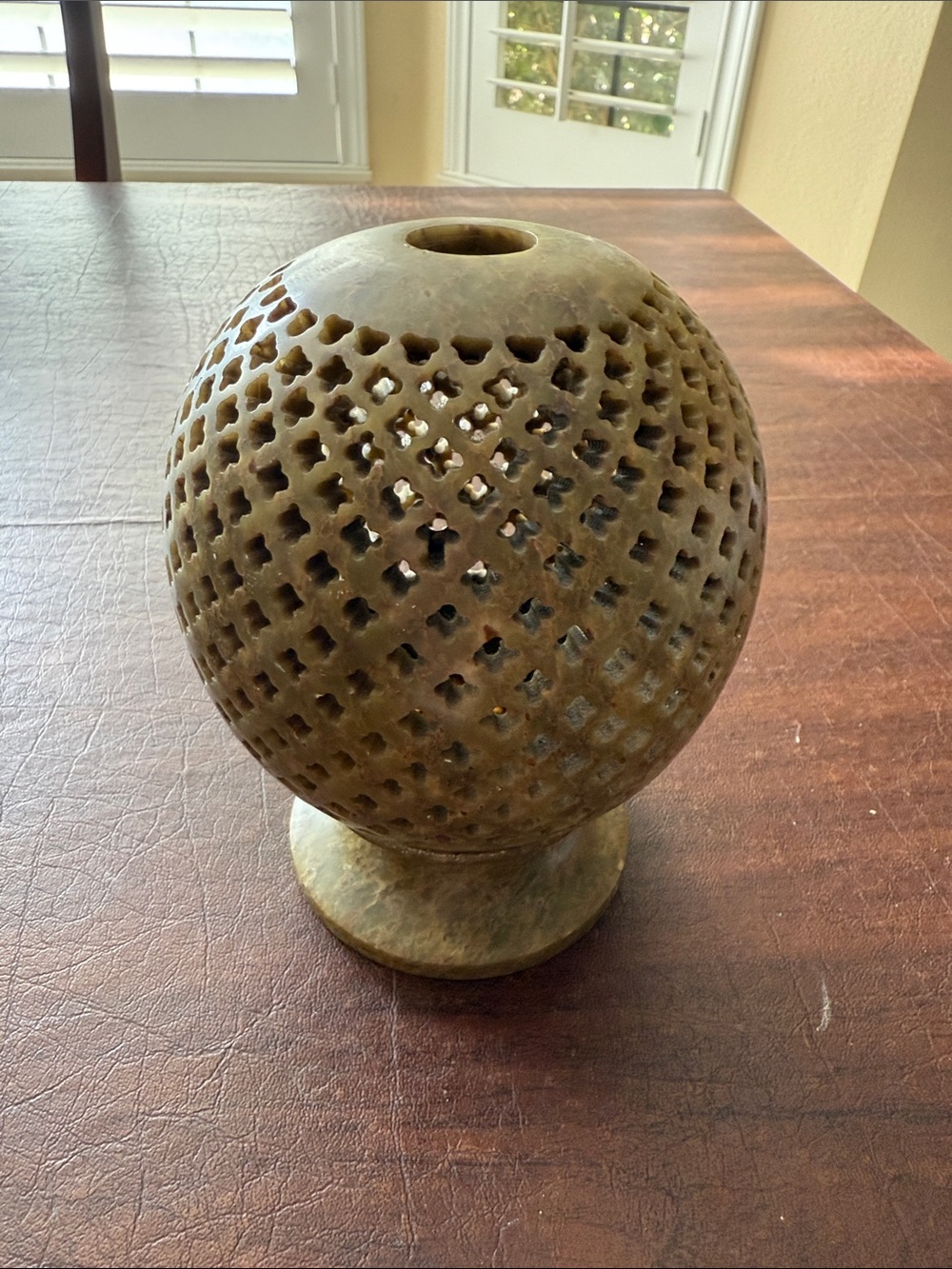 Hand Carved Soapstone Tea Light Holder Jali Spherical Past Reflections; 6” T